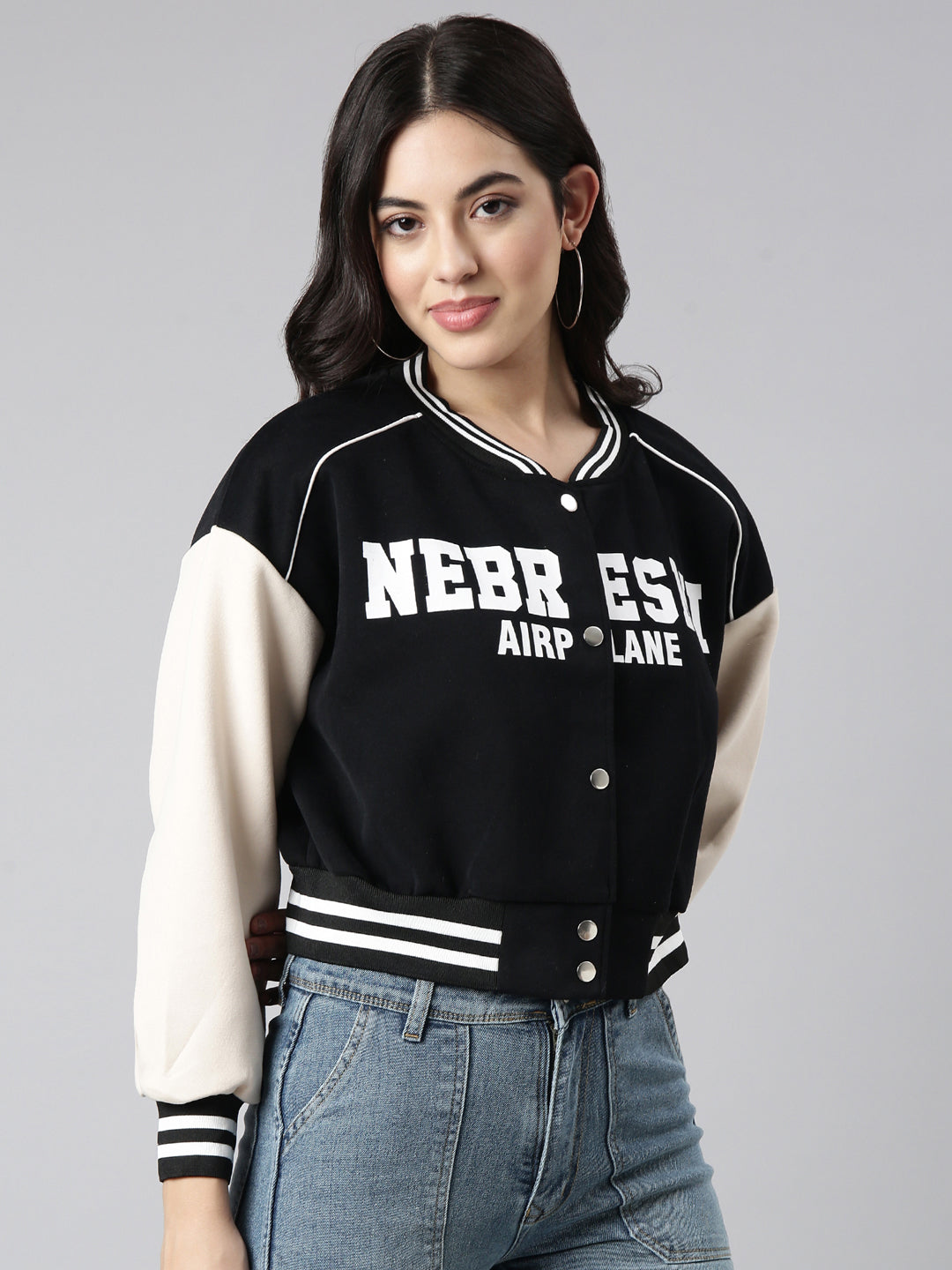 Women's Typography Black Crop Oversized Drop Shoulder Varsity Jacket