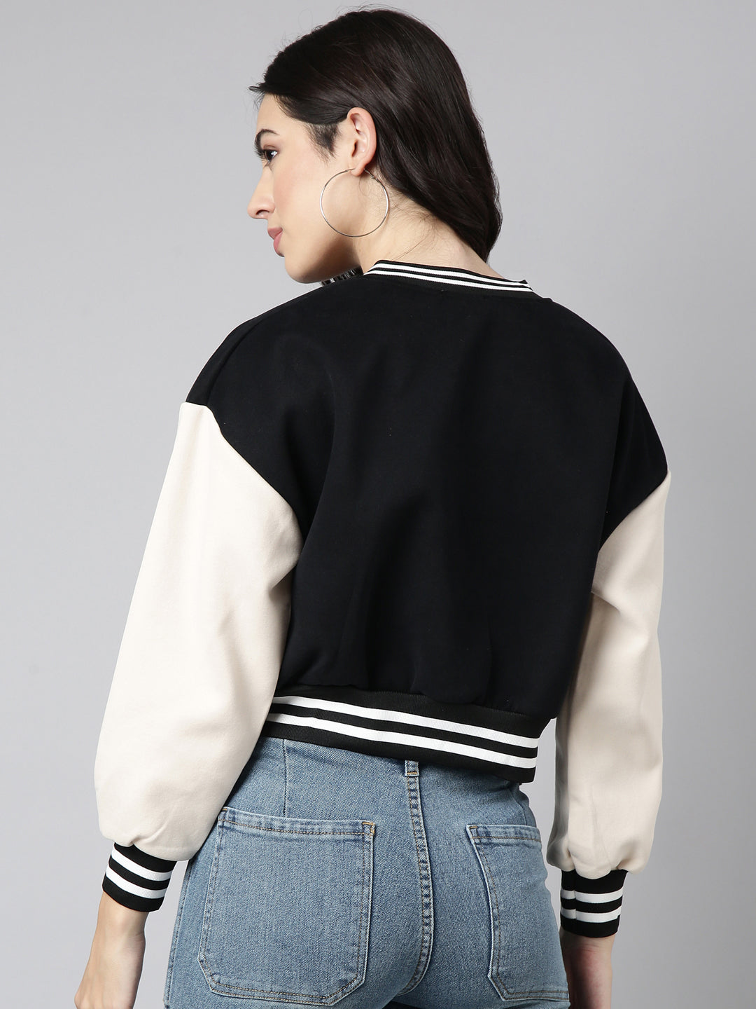 Women's Typography Black Crop Oversized Drop Shoulder Varsity Jacket