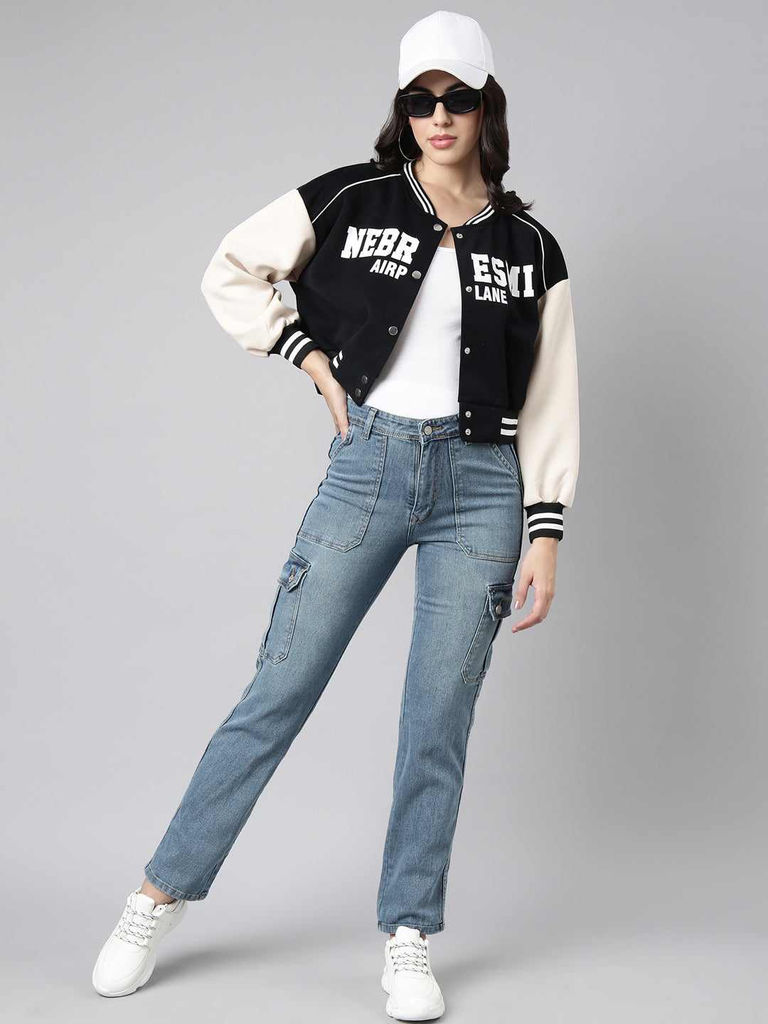 Women's Typography Black Crop Oversized Drop Shoulder Varsity Jacket