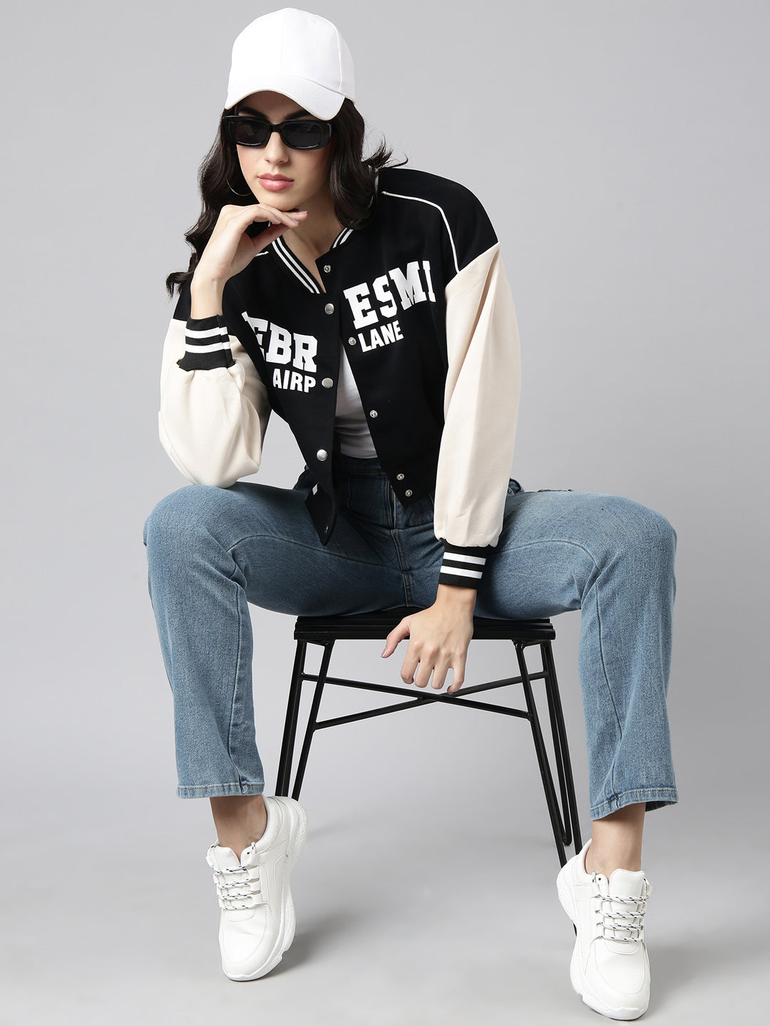 Women's Typography Black Crop Oversized Drop Shoulder Varsity Jacket