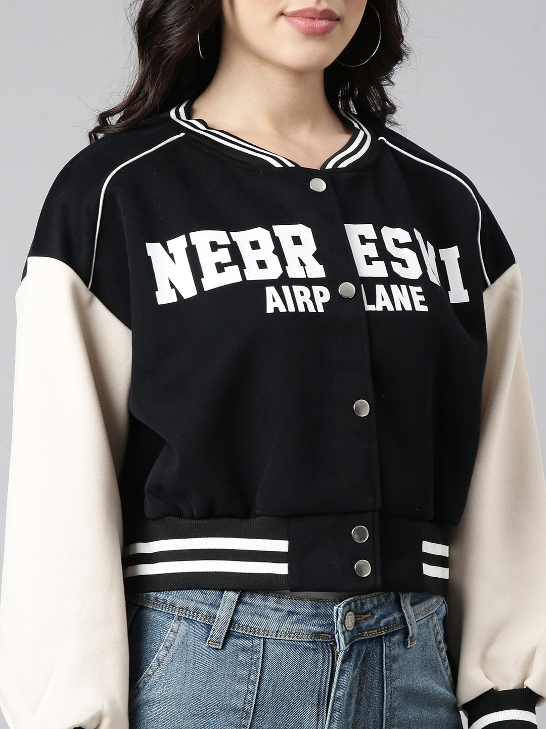 Women's Typography Black Crop Oversized Drop Shoulder Varsity Jacket