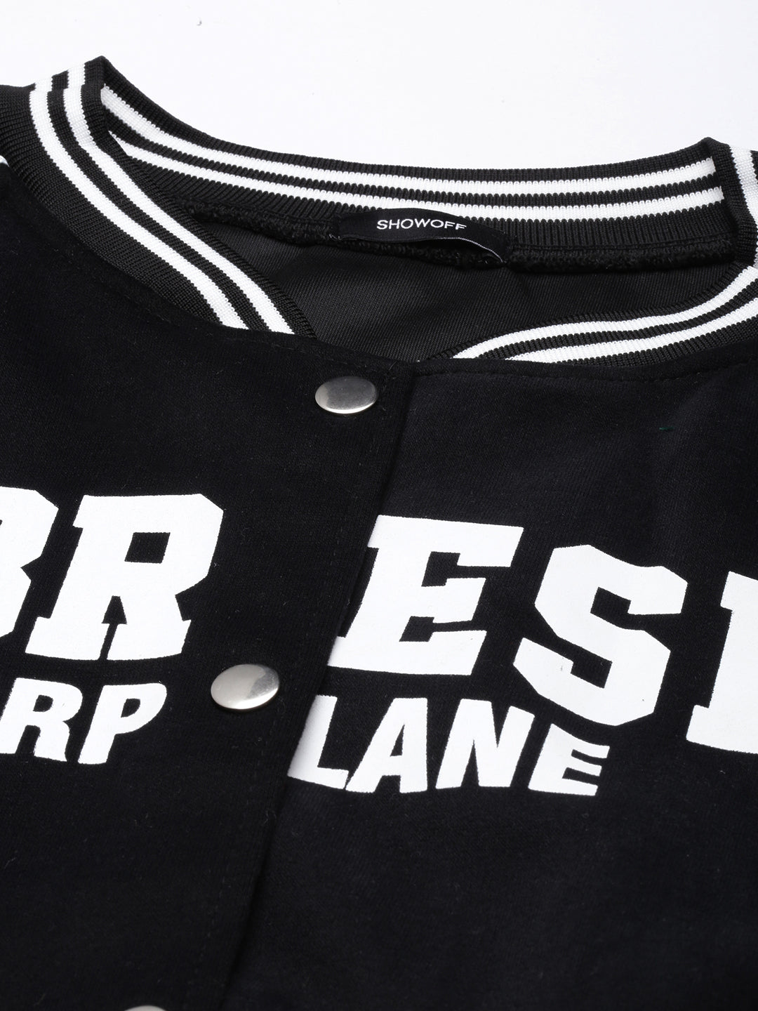 Women's Typography Black Crop Oversized Drop Shoulder Varsity Jacket