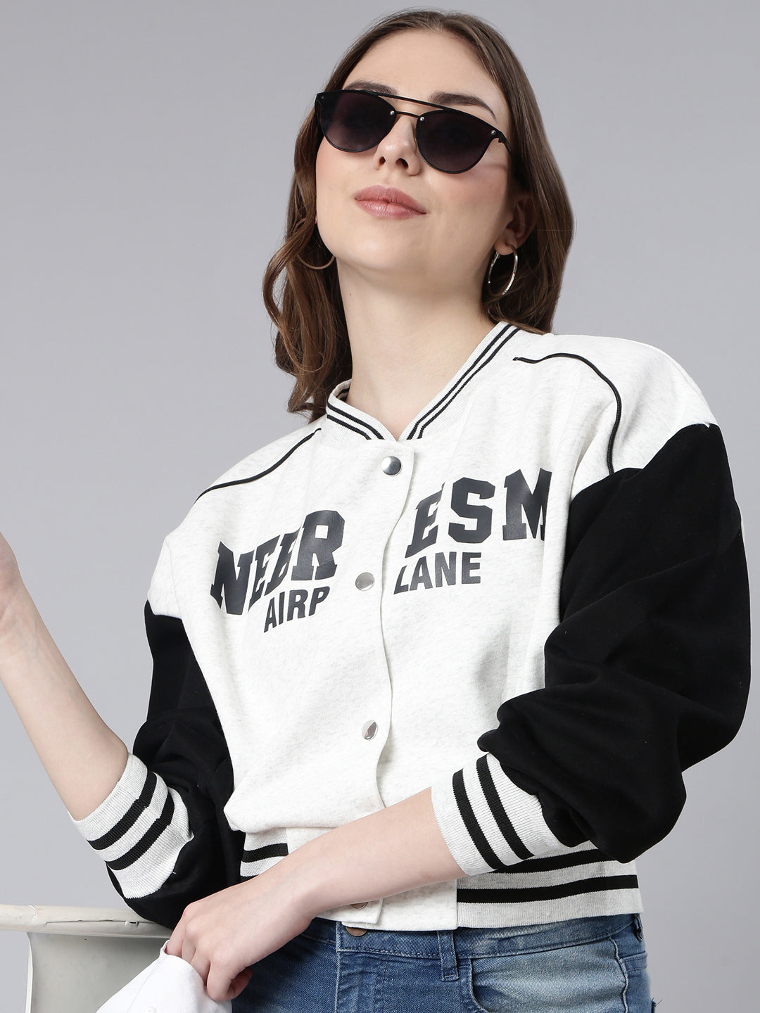 Women Typography Off White Crop Oversized Drop Shoulder Varsity Jacket