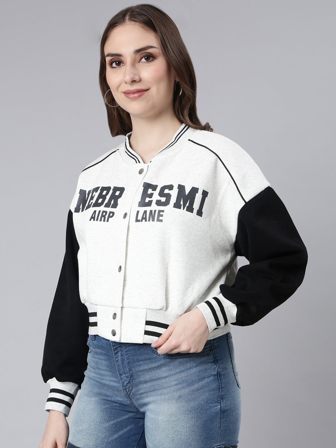 Women Typography Off White Crop Oversized Drop Shoulder Varsity Jacket