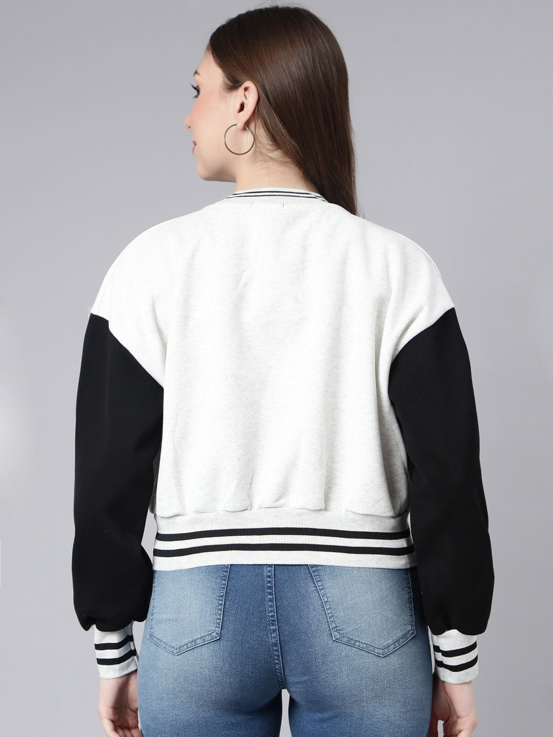 Women Typography Off White Crop Oversized Drop Shoulder Varsity Jacket