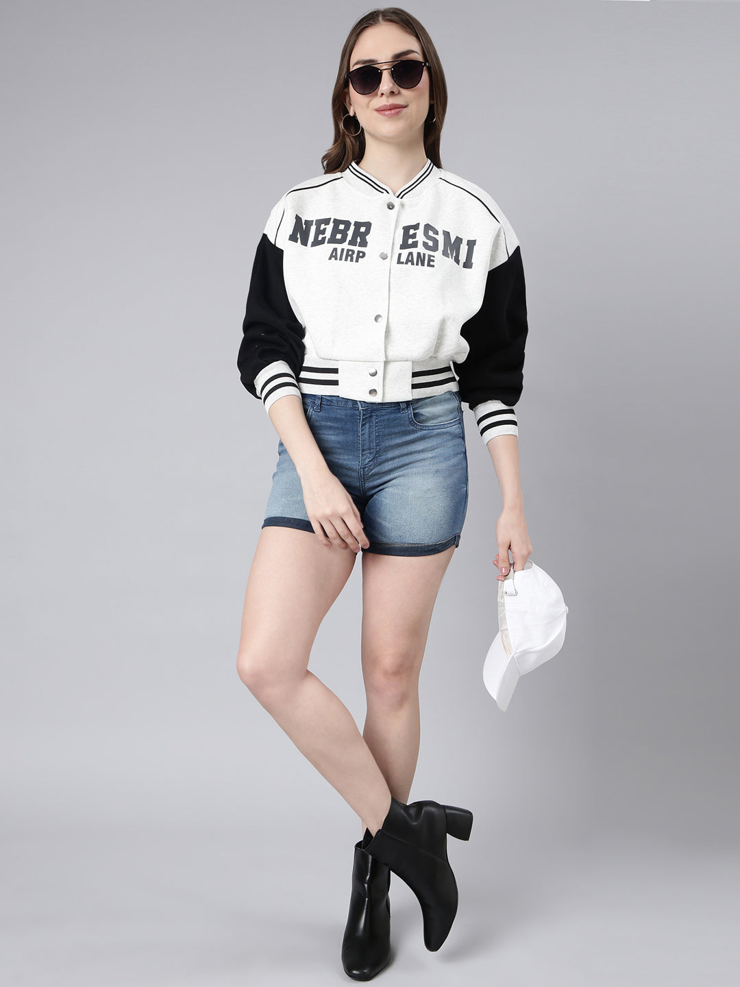 Women Typography Off White Crop Oversized Drop Shoulder Varsity Jacket