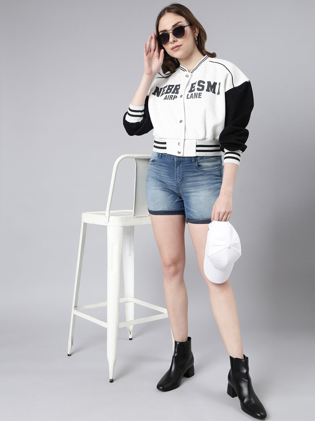 Women Typography Off White Crop Oversized Drop Shoulder Varsity Jacket