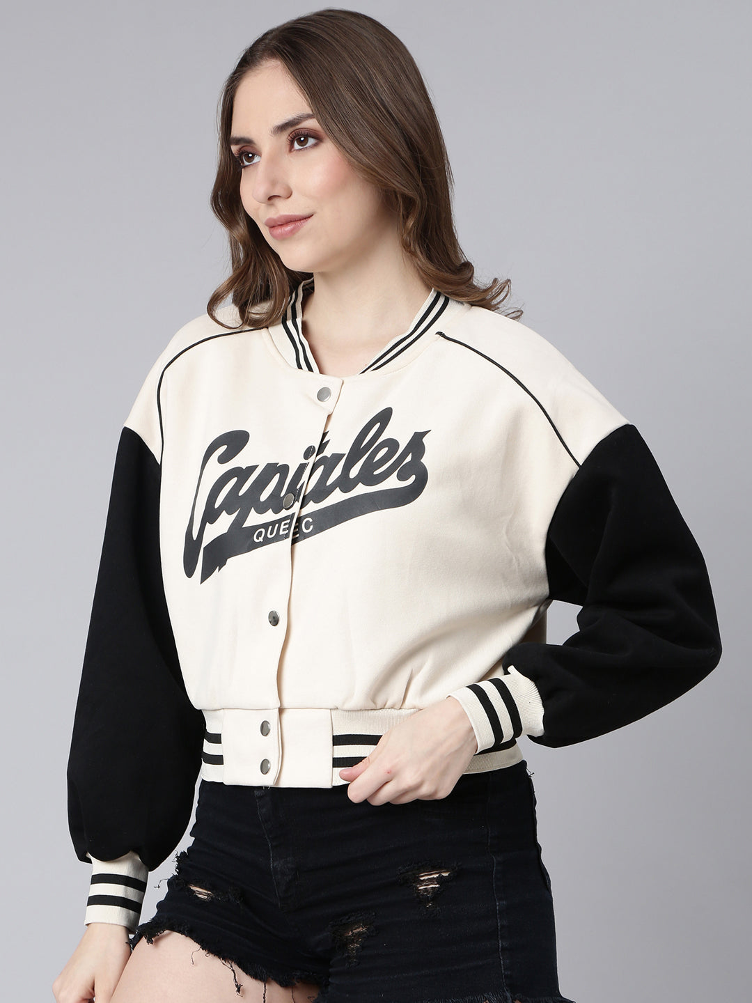 Women's Typography Cream Crop Oversized Drop Shoulder Varsity Jacket