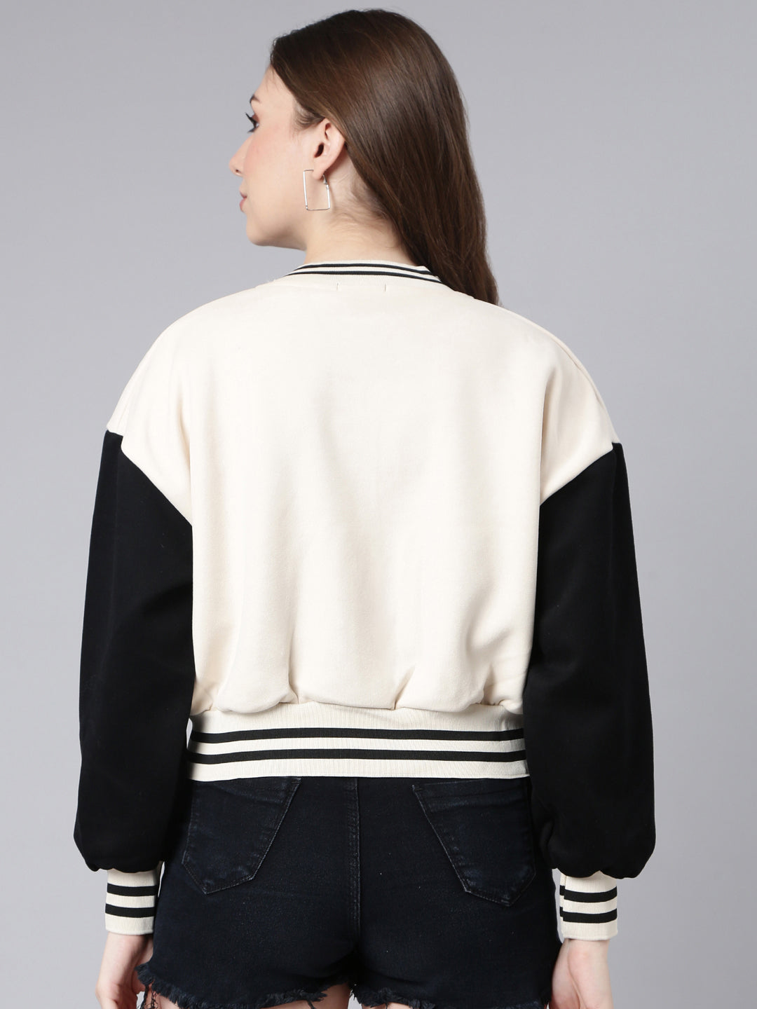 Women's Typography Cream Crop Oversized Drop Shoulder Varsity Jacket