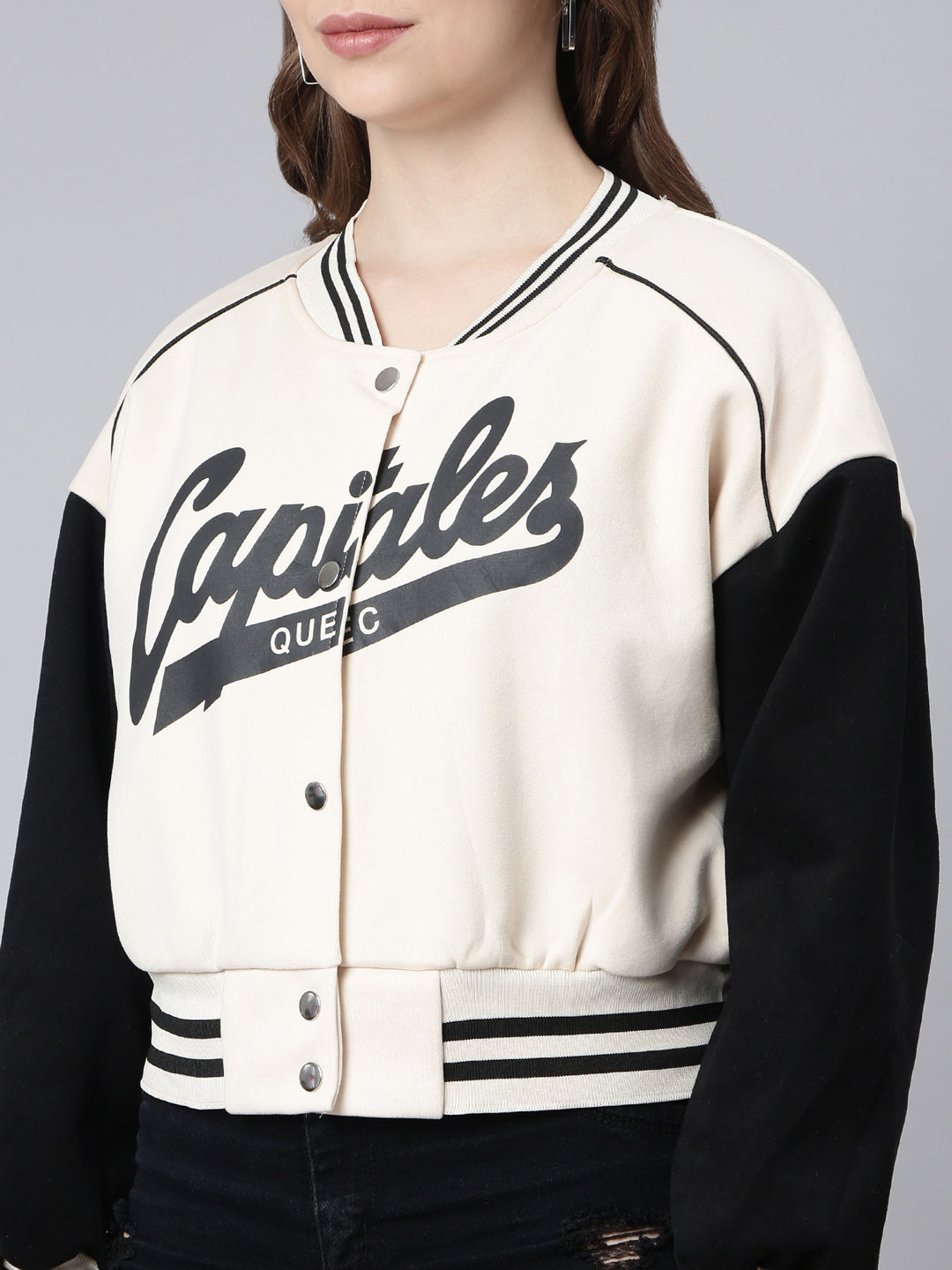 Women's Typography Cream Crop Oversized Drop Shoulder Varsity Jacket