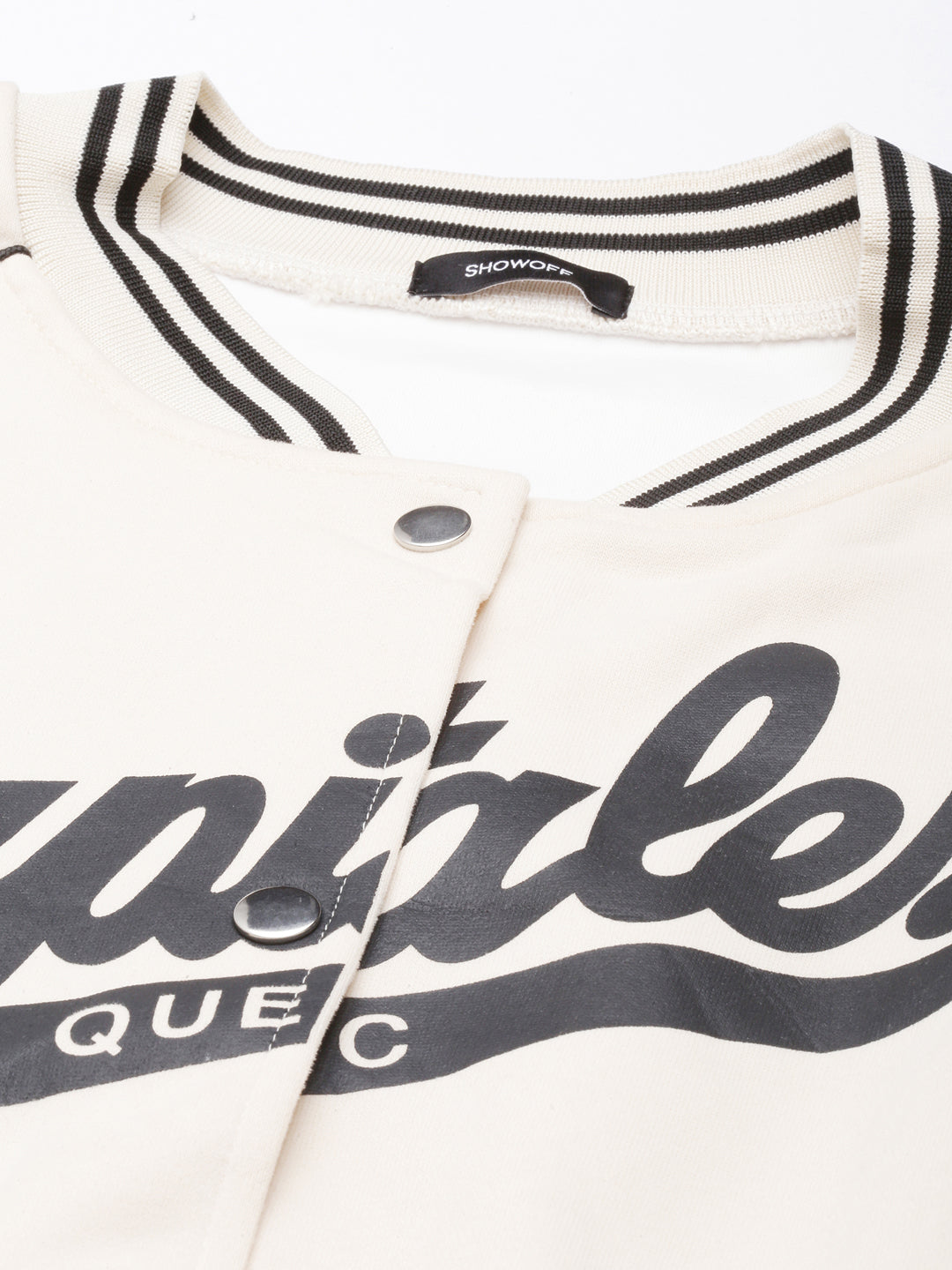 Women's Typography Cream Crop Oversized Drop Shoulder Varsity Jacket