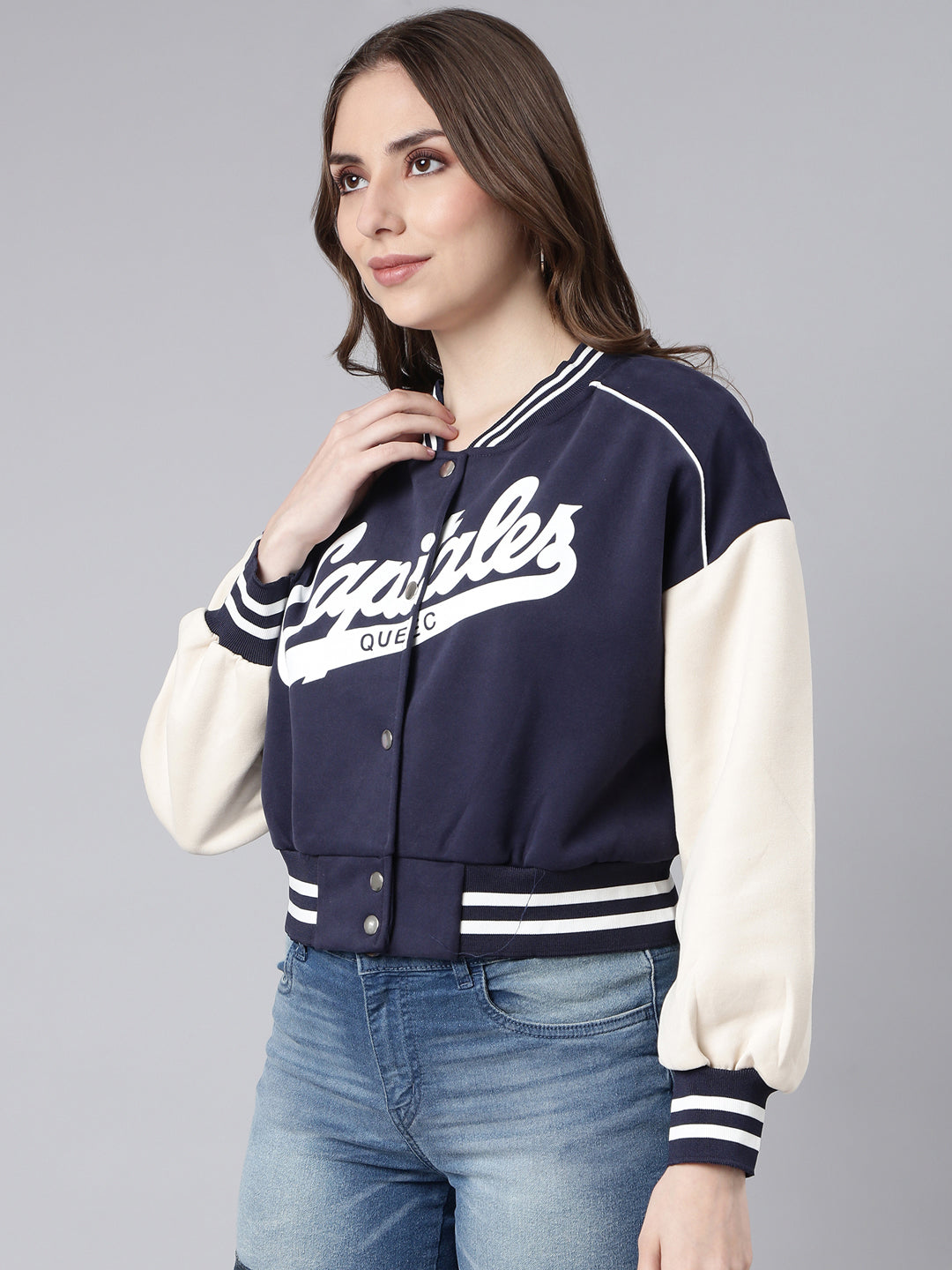 Women's Typography Navy Blue Crop Oversized Drop Shoulder Varsity Jacket