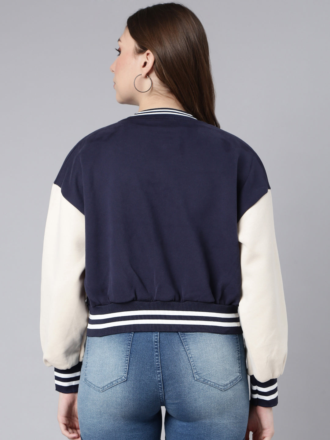 Women's Typography Navy Blue Crop Oversized Drop Shoulder Varsity Jacket