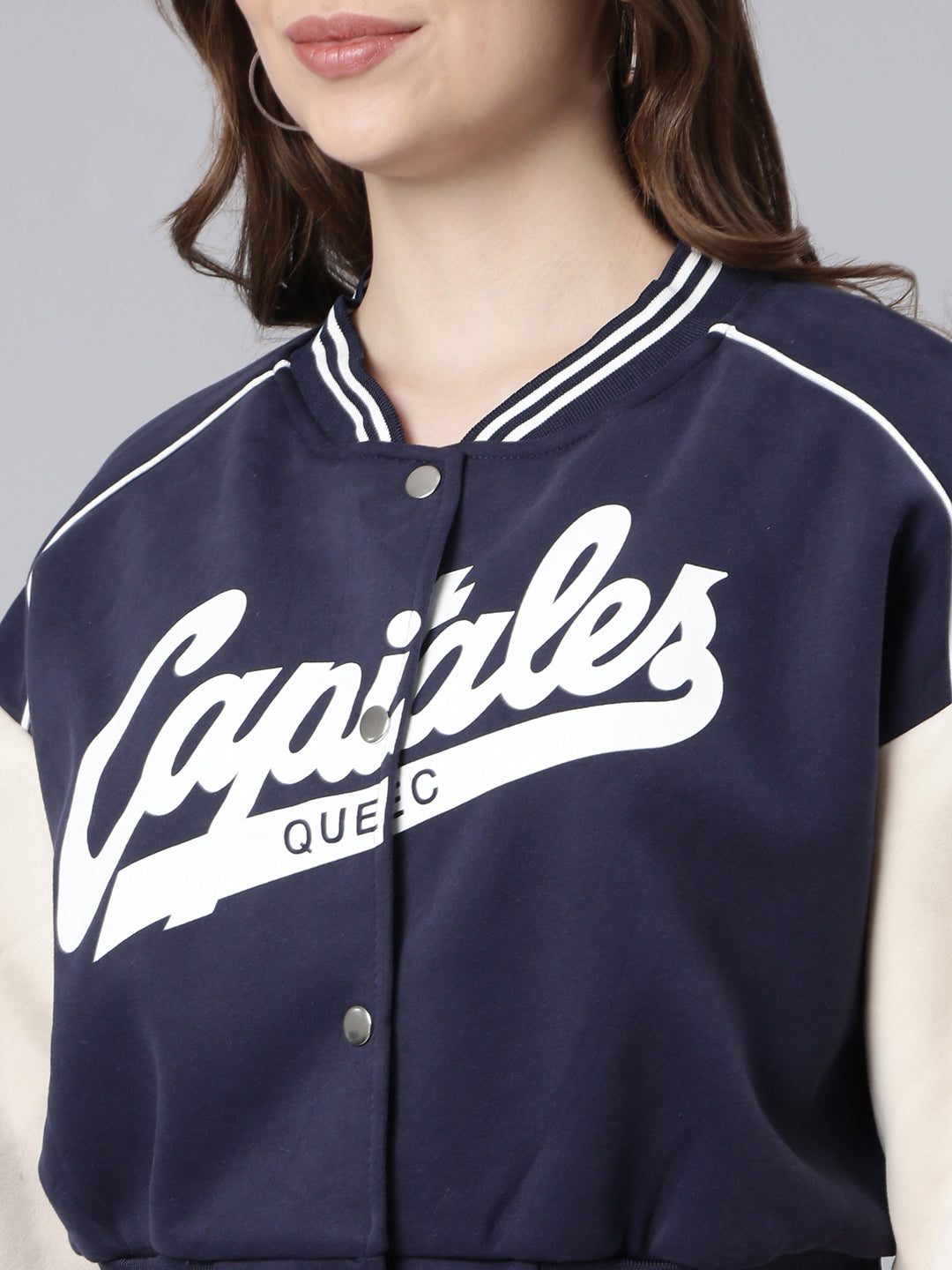 Women's Typography Navy Blue Crop Oversized Drop Shoulder Varsity Jacket