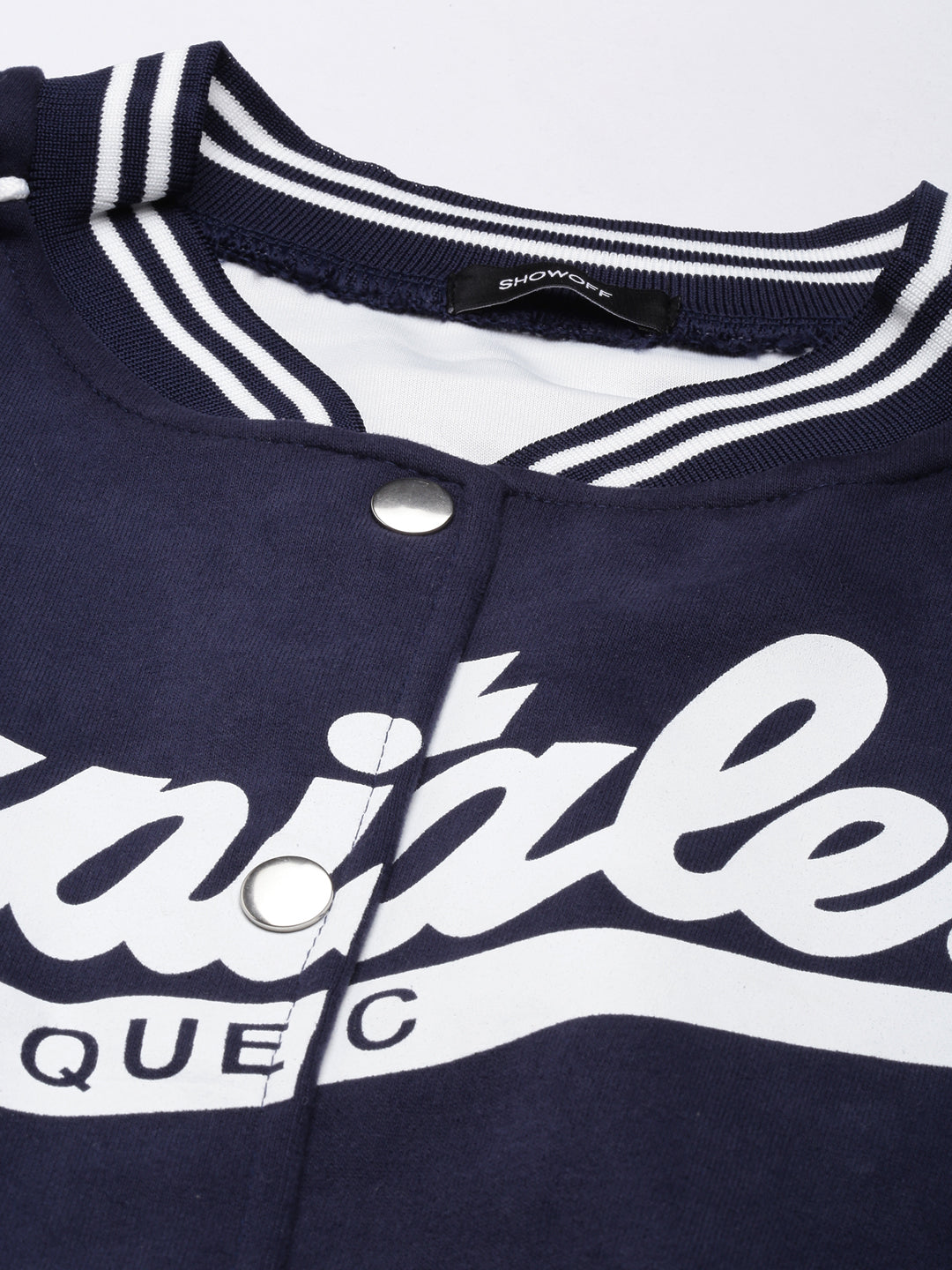 Women's Typography Navy Blue Crop Oversized Drop Shoulder Varsity Jacket