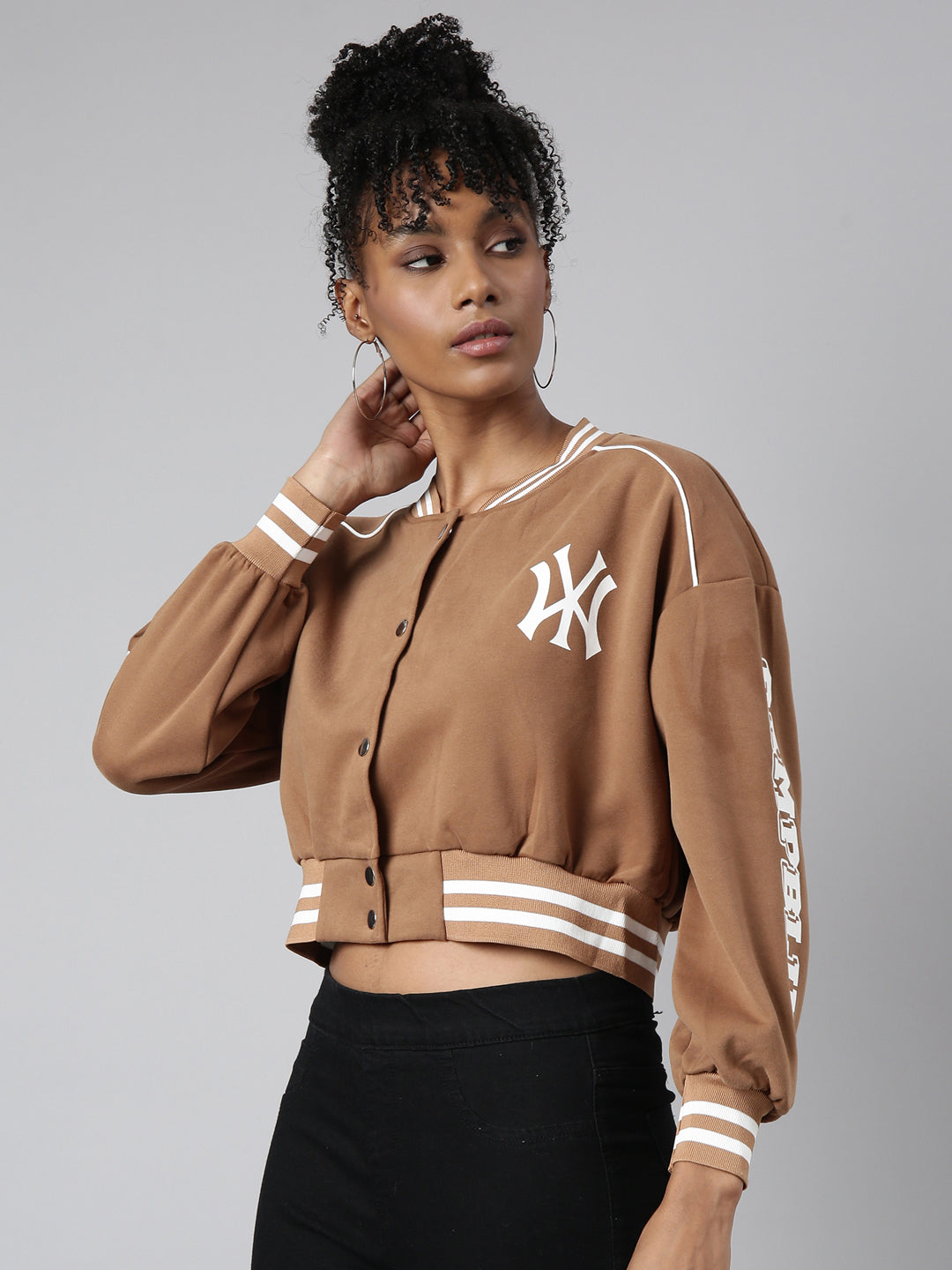 Women's Typography Brown Crop Oversized Drop Shoulder Varsity Jacket