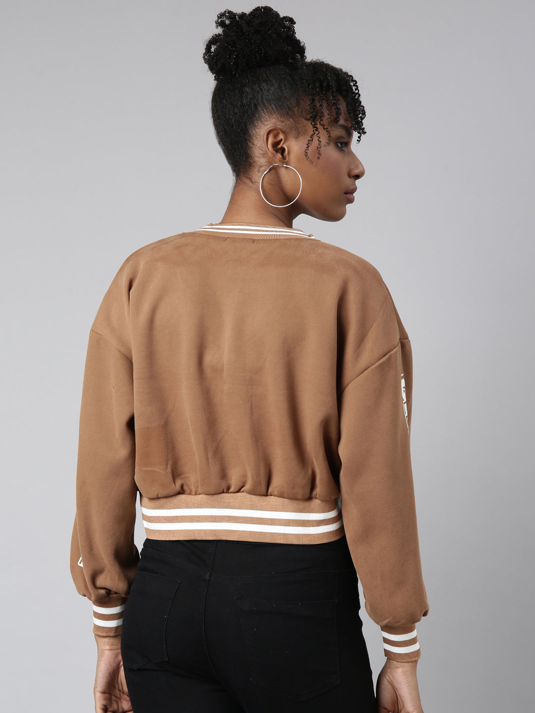 Women's Typography Brown Crop Oversized Drop Shoulder Varsity Jacket