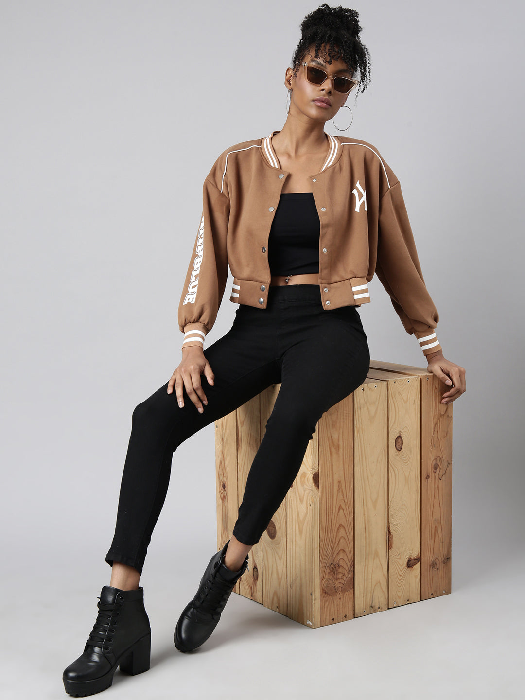 Women's Typography Brown Crop Oversized Drop Shoulder Varsity Jacket