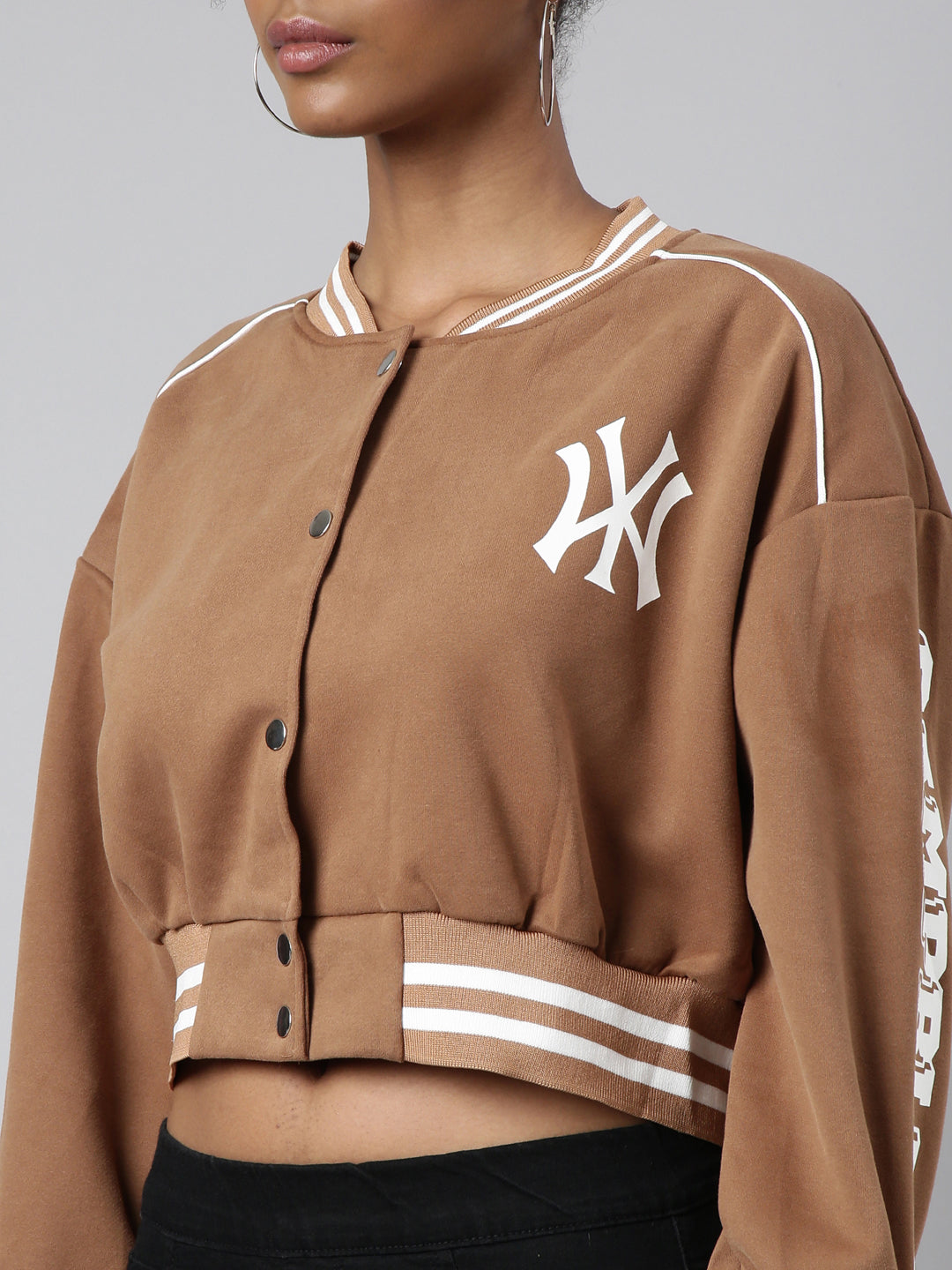Women's Typography Brown Crop Oversized Drop Shoulder Varsity Jacket