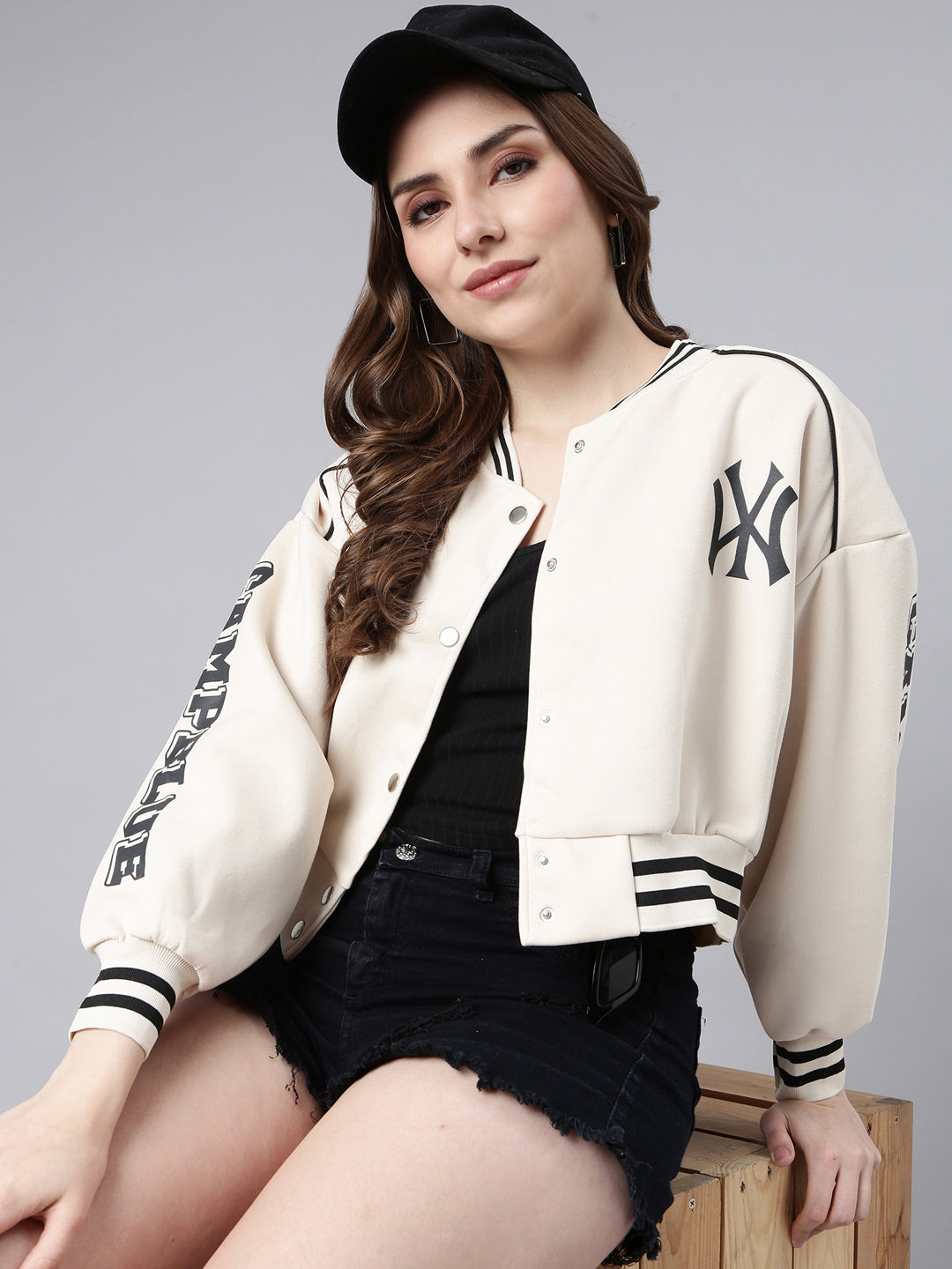 Women's Typography Cream Crop Oversized Drop Shoulder Varsity Jacket