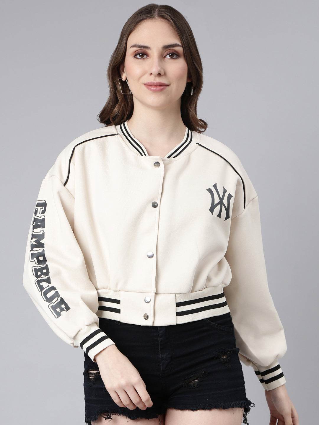 Women's Typography Cream Crop Oversized Drop Shoulder Varsity Jacket