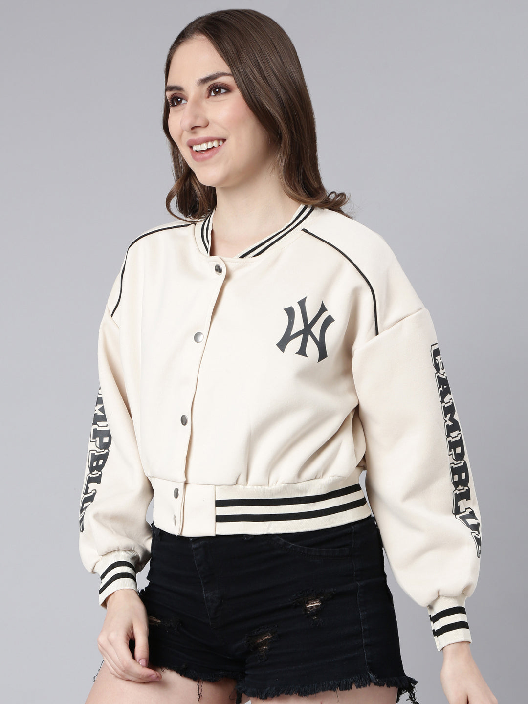 Women's Typography Cream Crop Oversized Drop Shoulder Varsity Jacket
