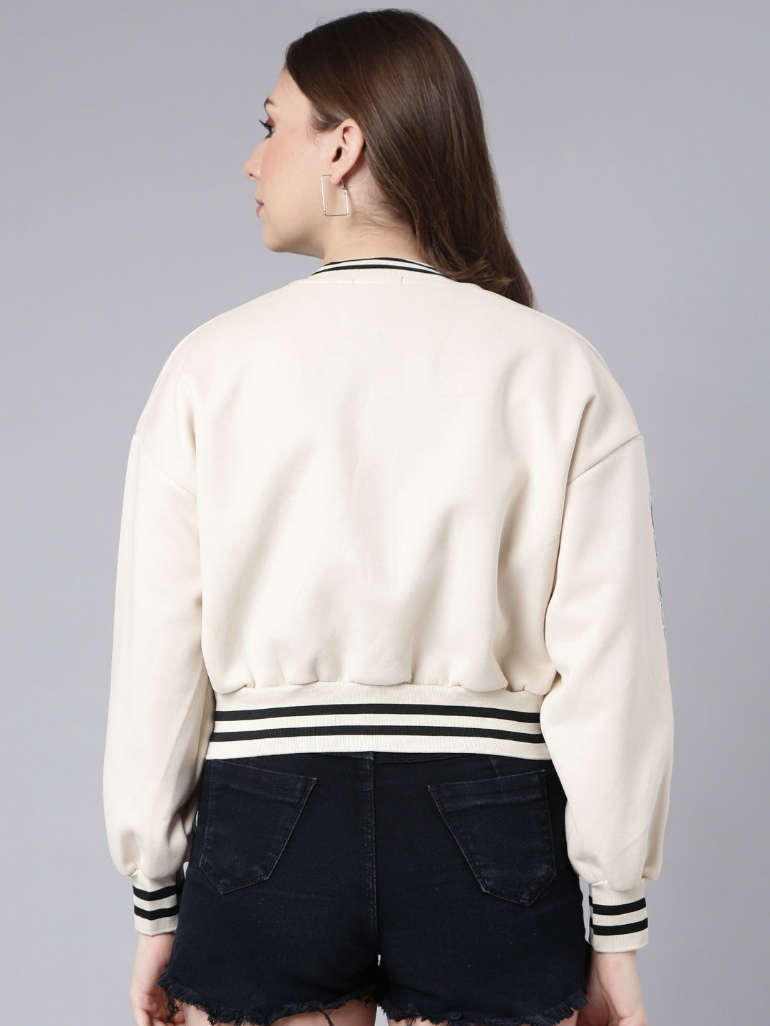 Women's Typography Cream Crop Oversized Drop Shoulder Varsity Jacket