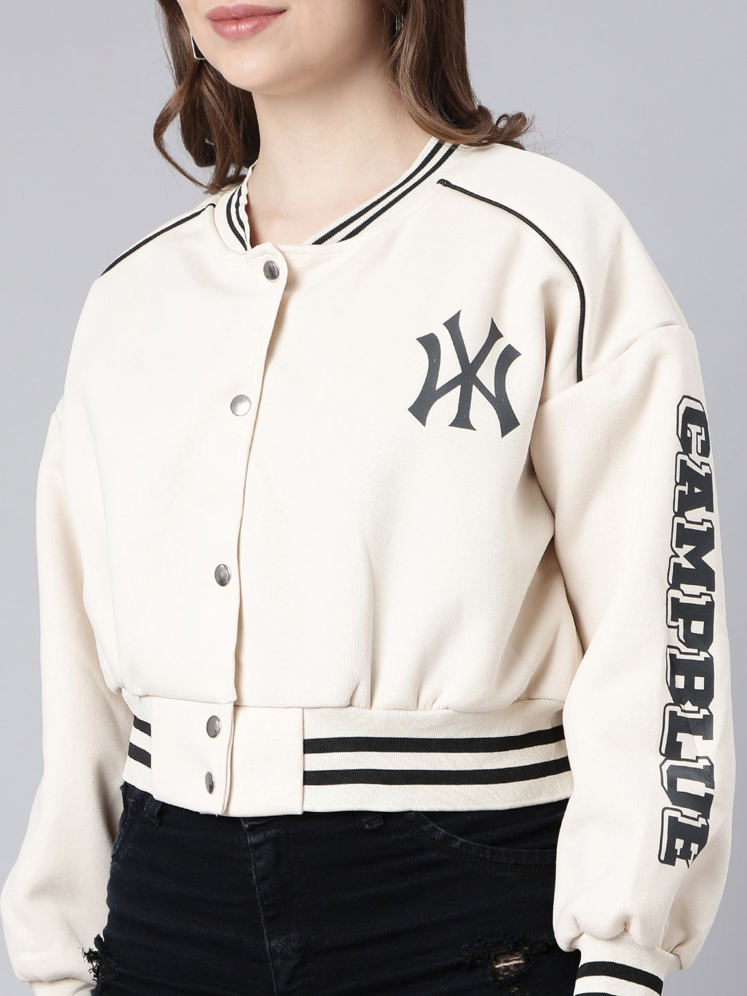 Women's Typography Cream Crop Oversized Drop Shoulder Varsity Jacket