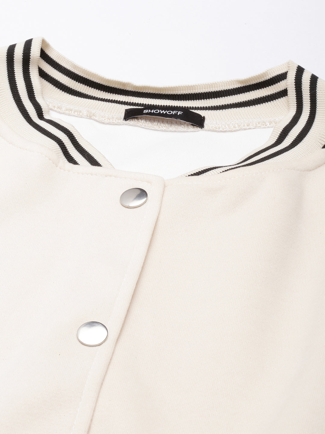 Women's Typography Cream Crop Oversized Drop Shoulder Varsity Jacket