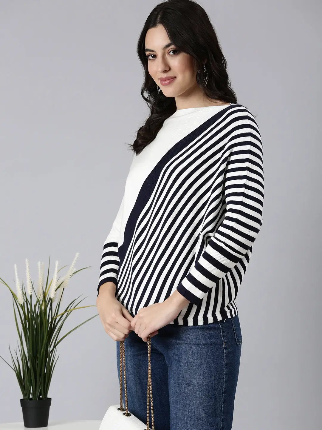 Women's Striped Boxy Navy Blue Top