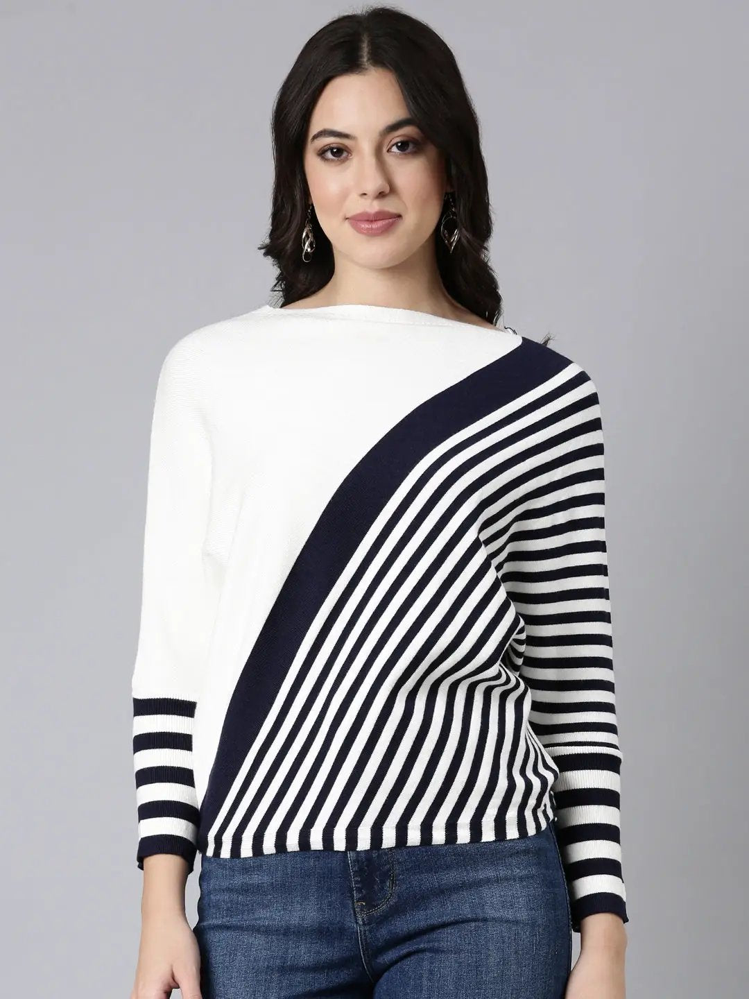 Women's Striped Boxy Navy Blue Top