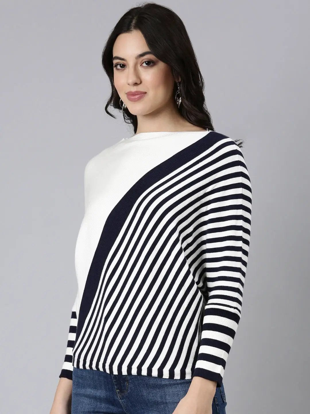 Women's Striped Boxy Navy Blue Top