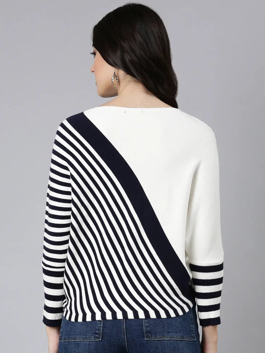 Women's Striped Boxy Navy Blue Top