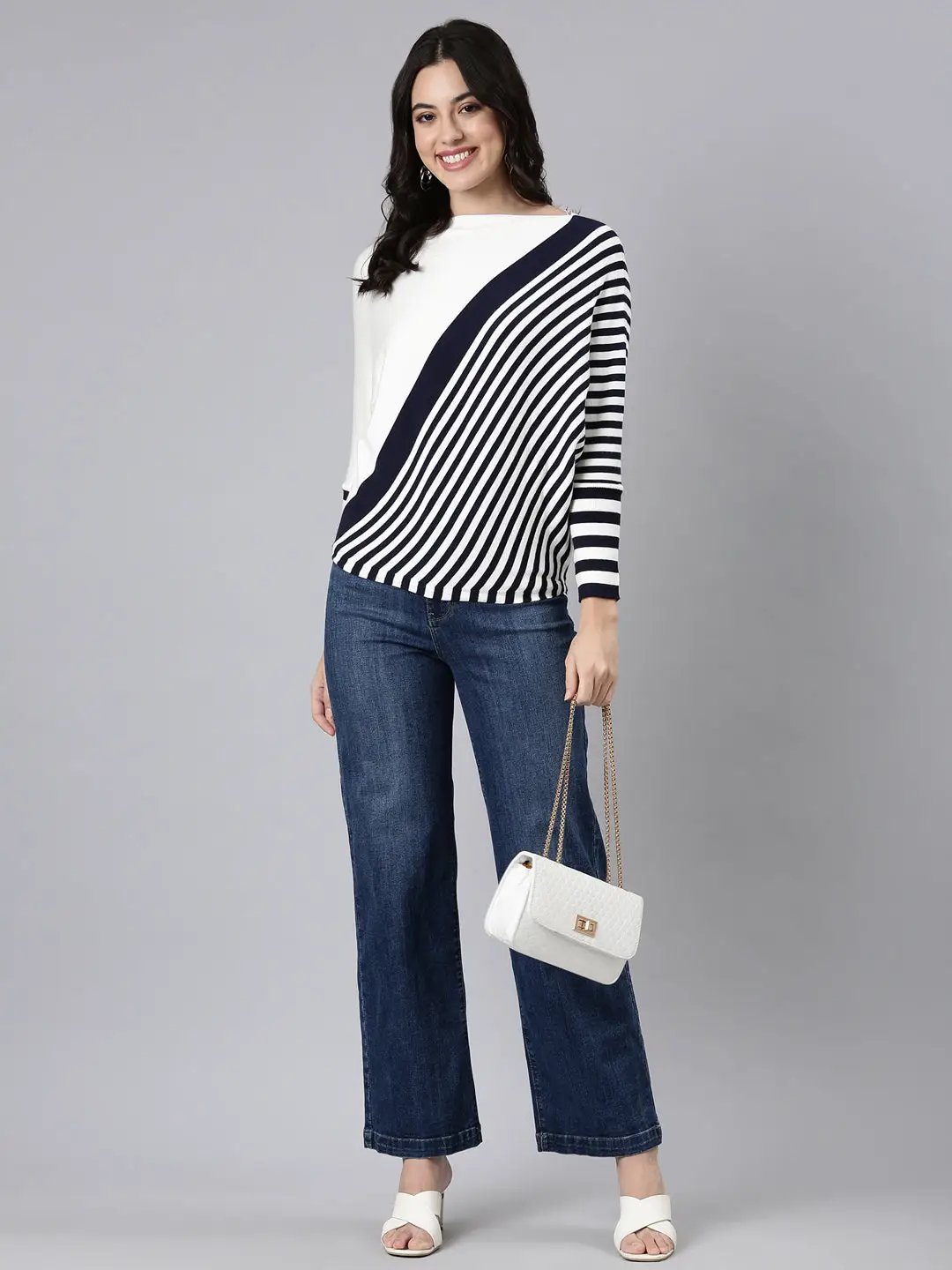 Women's Striped Boxy Navy Blue Top