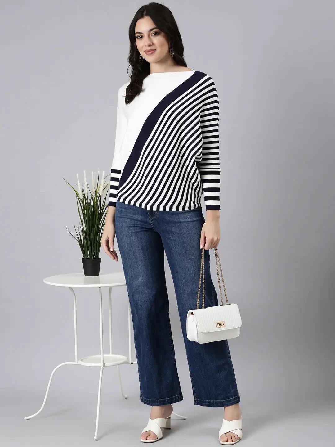 Women's Striped Boxy Navy Blue Top