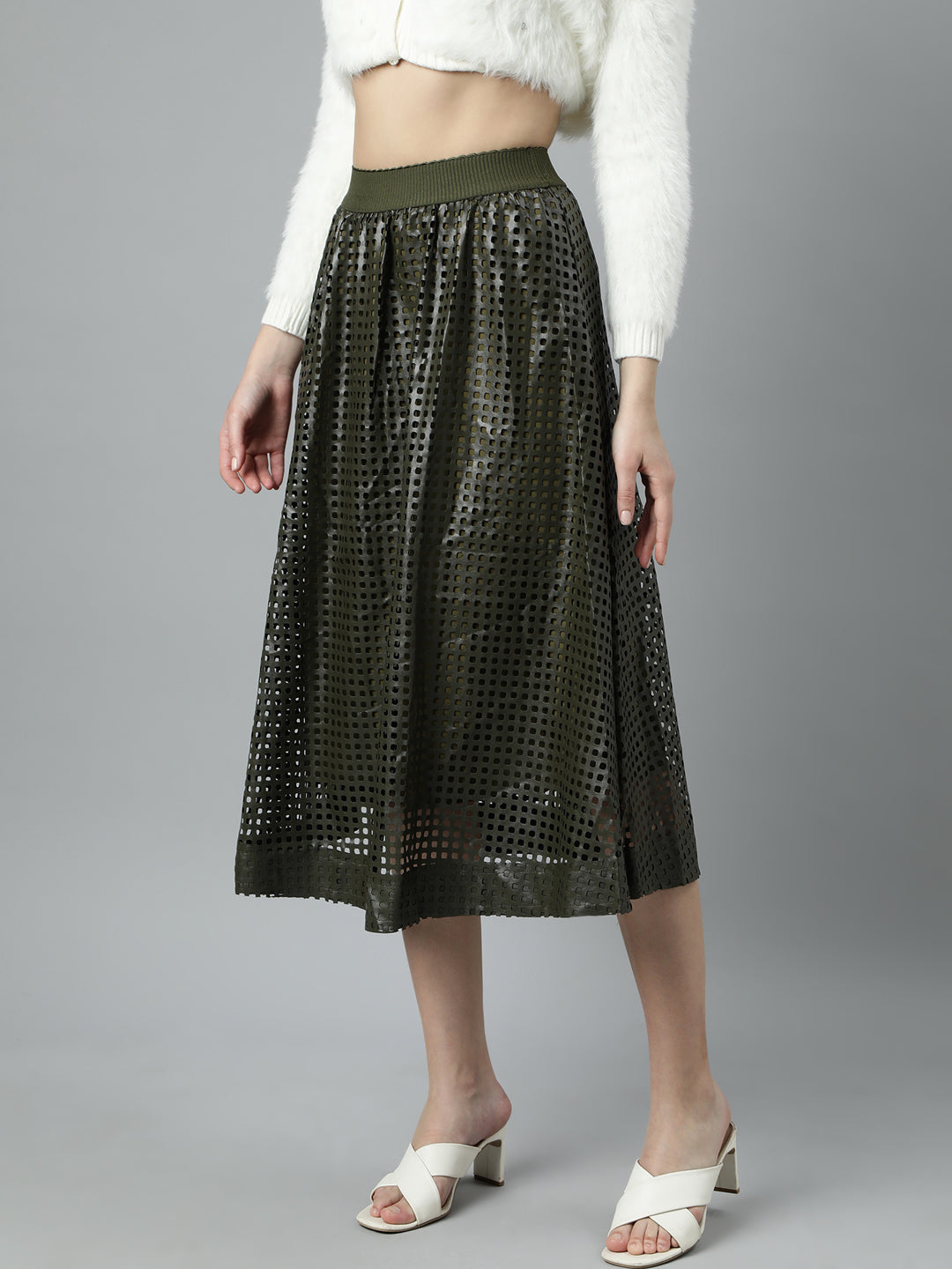 Women Self Design Olive Flared Midi Skirt