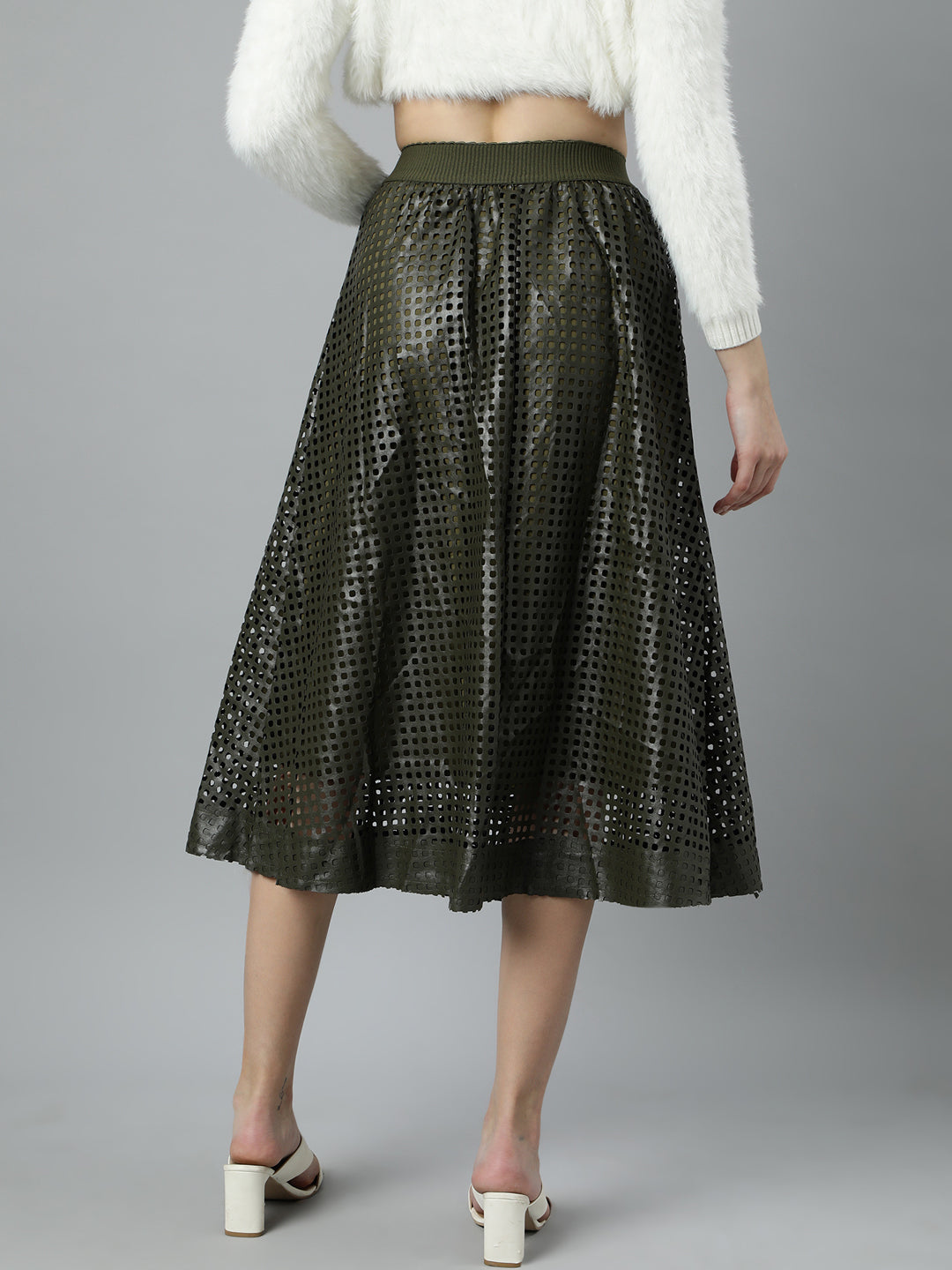 Women Self Design Olive Flared Midi Skirt