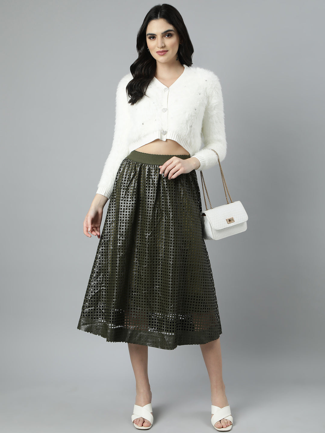 Women Self Design Olive Flared Midi Skirt