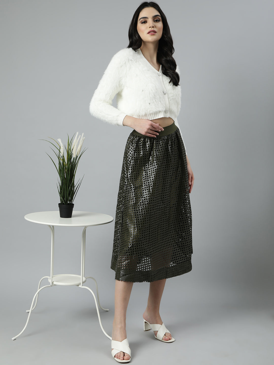 Women Self Design Olive Flared Midi Skirt