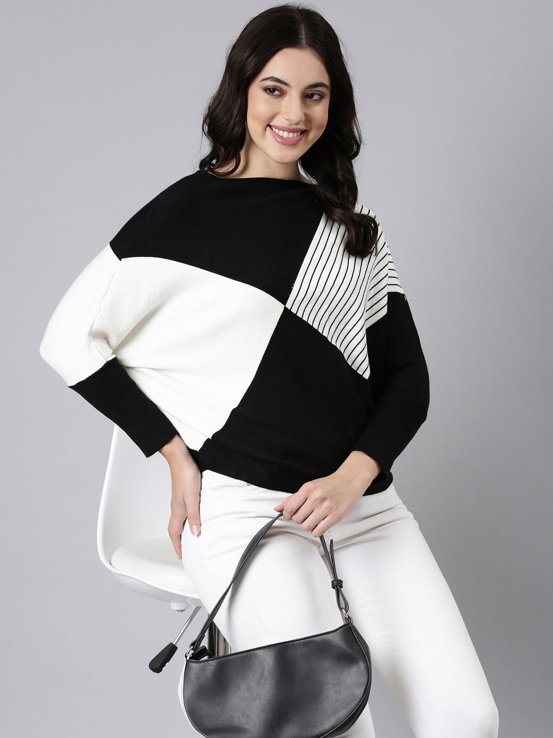 Women's Colourblocked Boxy Black Top