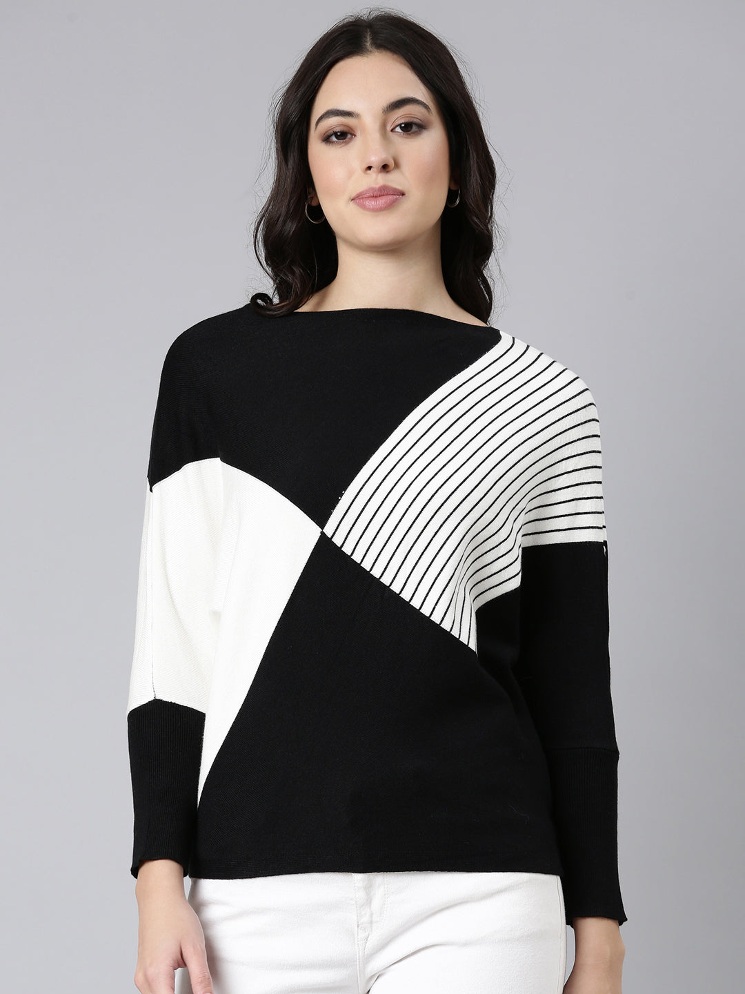 Women's Colourblocked Boxy Black Top