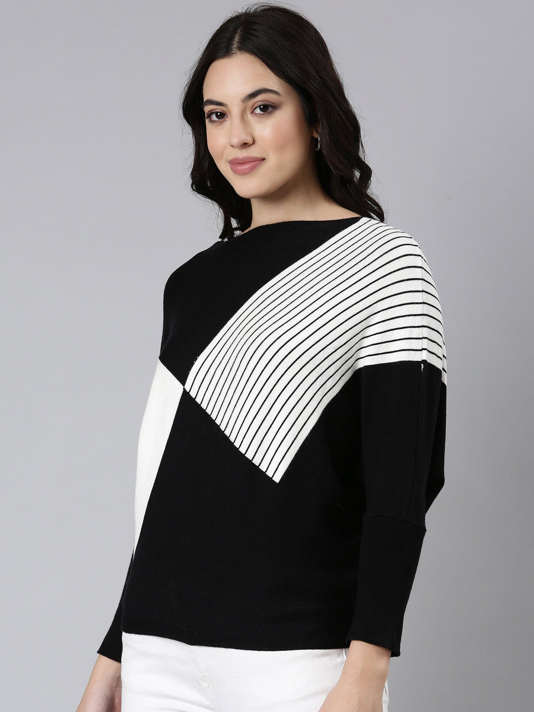 Women's Colourblocked Boxy Black Top