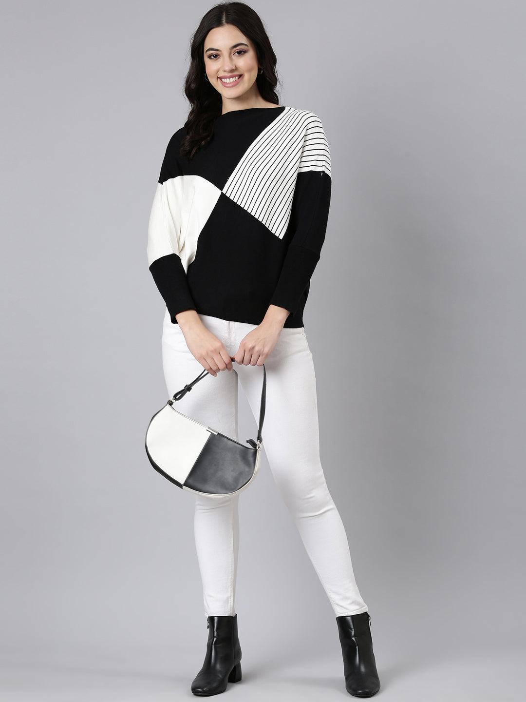 Women's Colourblocked Boxy Black Top
