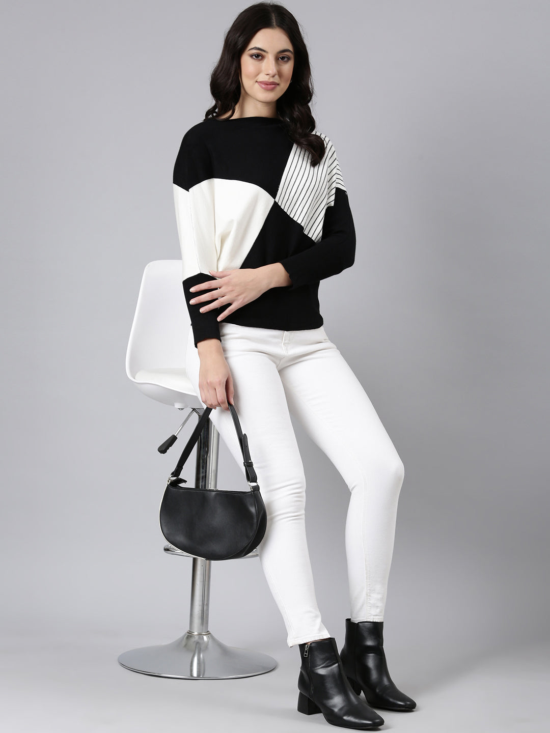 Women's Colourblocked Boxy Black Top