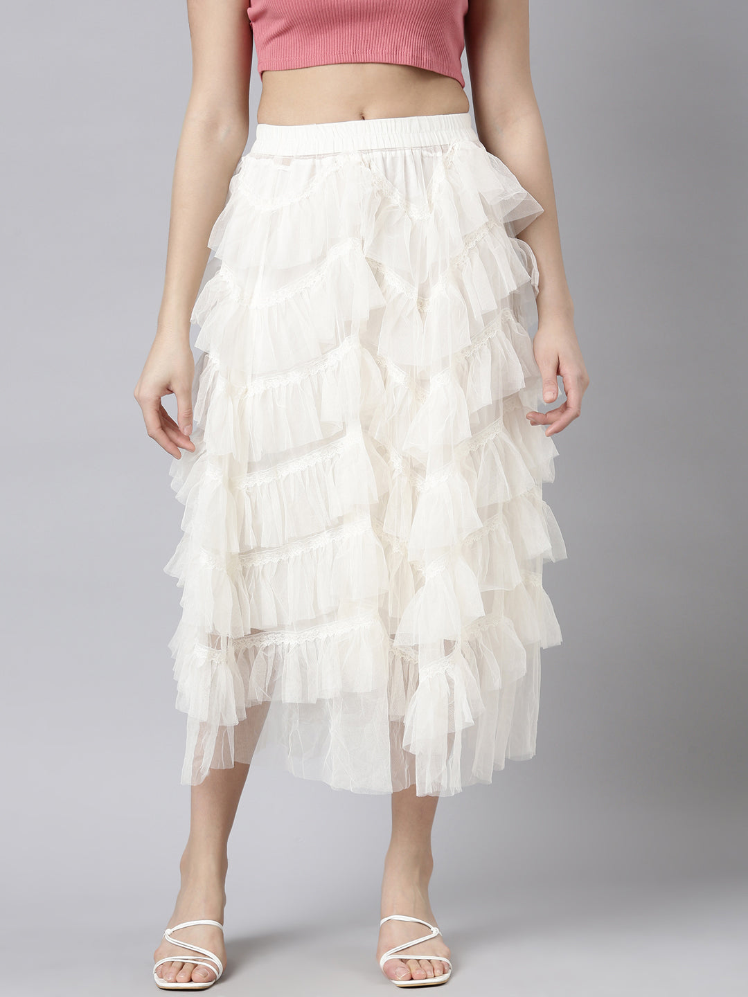 Women Solid Cream Tiered Midi Sheer Skirt