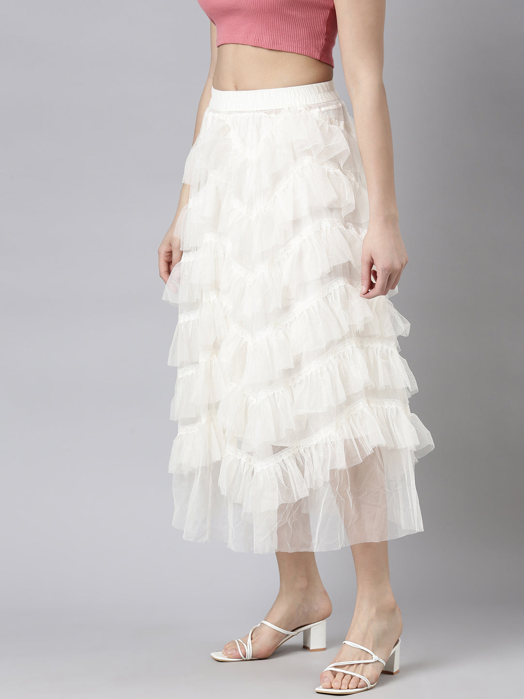 Women Solid Cream Tiered Midi Sheer Skirt