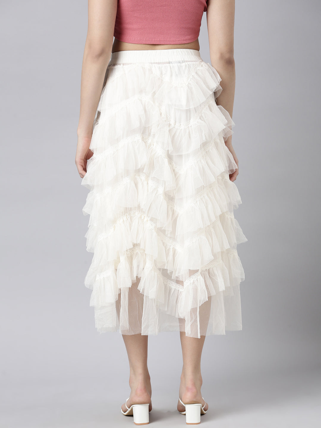 Women Solid Cream Tiered Midi Sheer Skirt