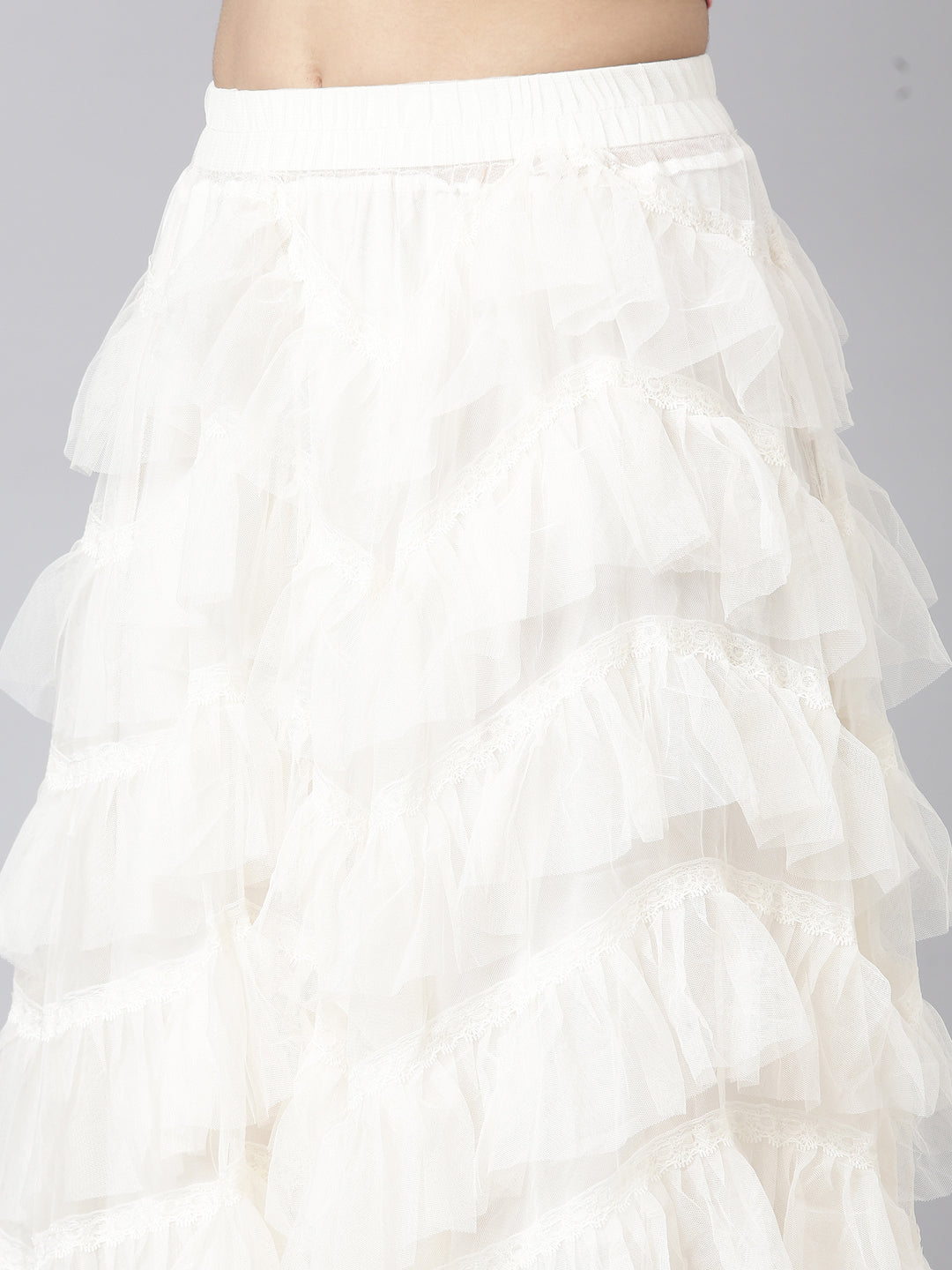 Women Solid Cream Tiered Midi Sheer Skirt