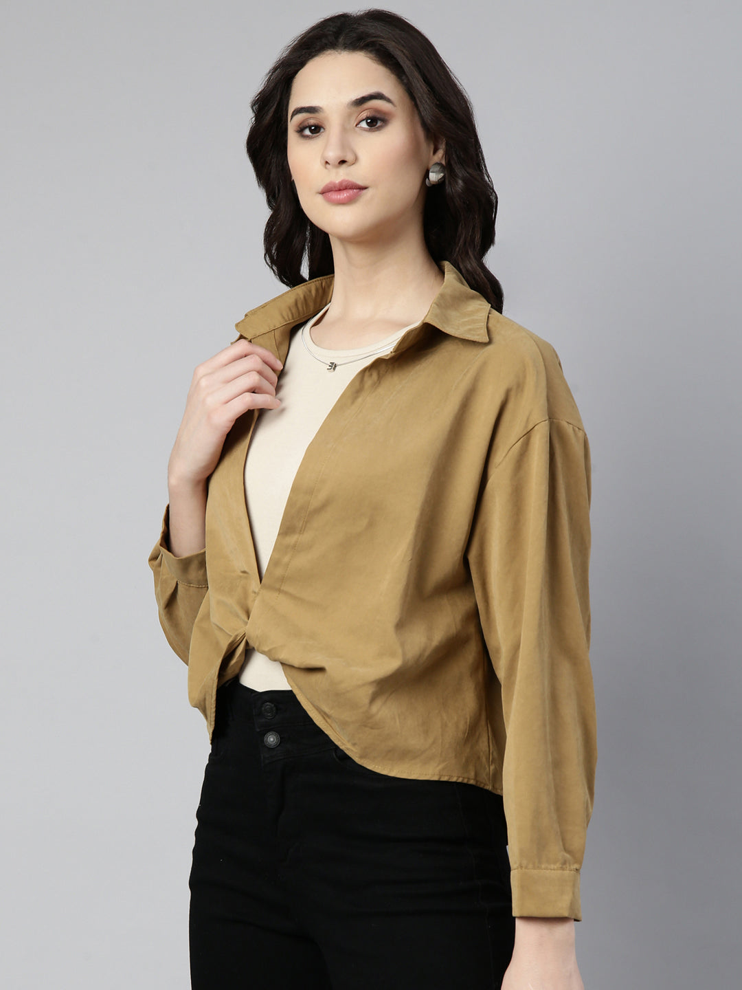 Women Solid Shirt Style Khaki Top Comes with Tank Top