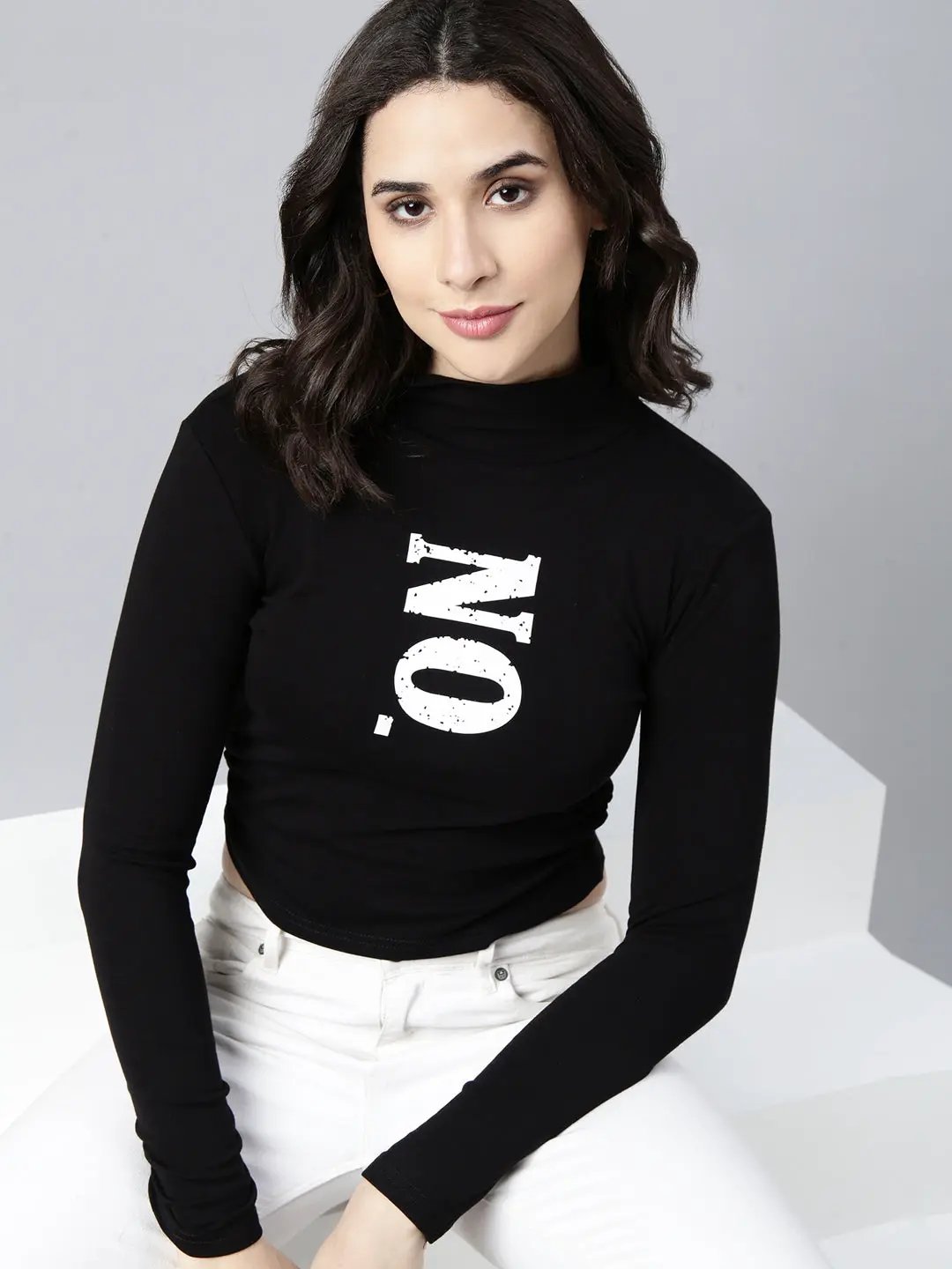 Women's Typography Black Crop Ruched Top